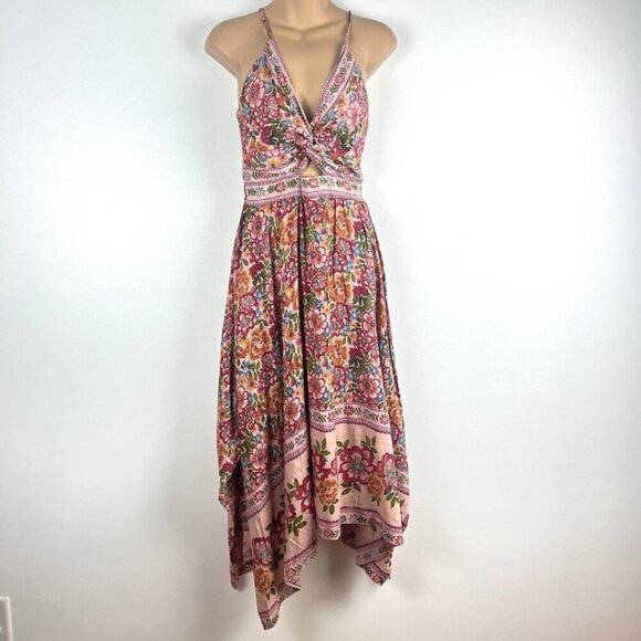 Angie Asymmetrical Floral Midi Dress sz S Front Twist Handkerchief Hem Boho Chic - Picture 2 of 4